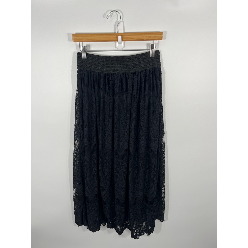 Womens Midi Skirt L Black Lace Stretch Whimsigoth Dark Fairy Grunge Festival